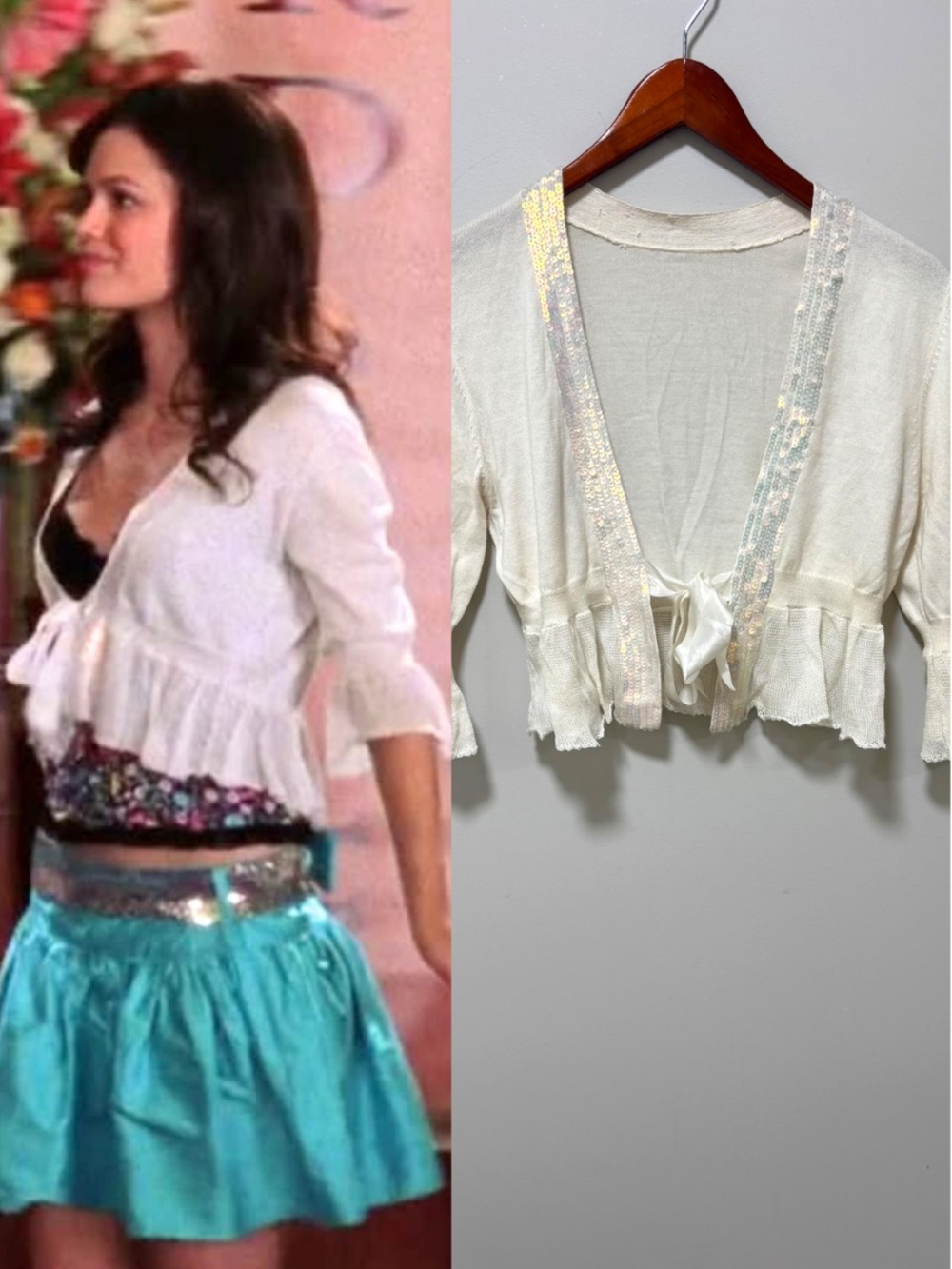 Ribbon Bow Cardigan ASO Summer Roberts The O.C. White Sequin Trim Shrug Y2K S